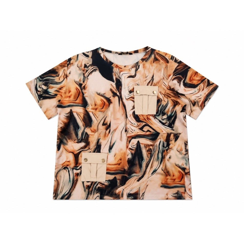 Chicme Plus Size 4XL Marble Print T-Shirt Top Tan Brown Cargo Pocket Blouse